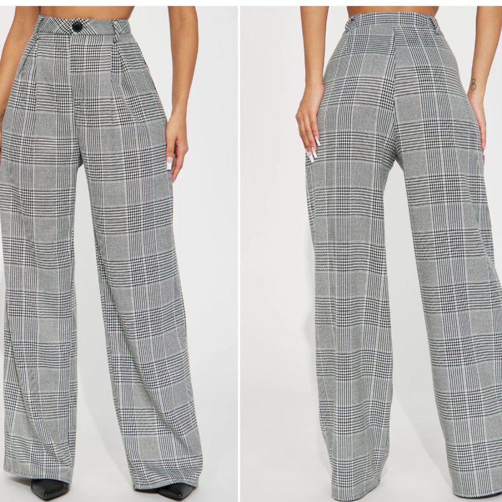 FASHION NOVA Plaid Wide Leg Trouser - Black/White